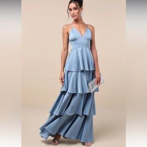 NWT Lulus Going with Elegance Slate Blue Satin Tiered Gown